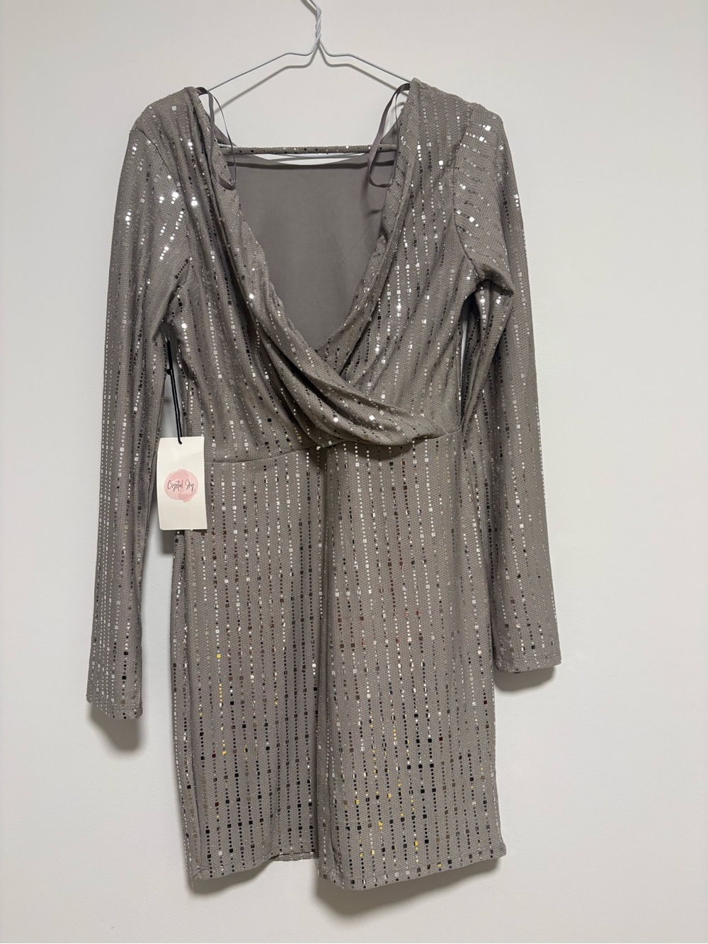 Gray Sequin Draped Long-Sleeve Dress